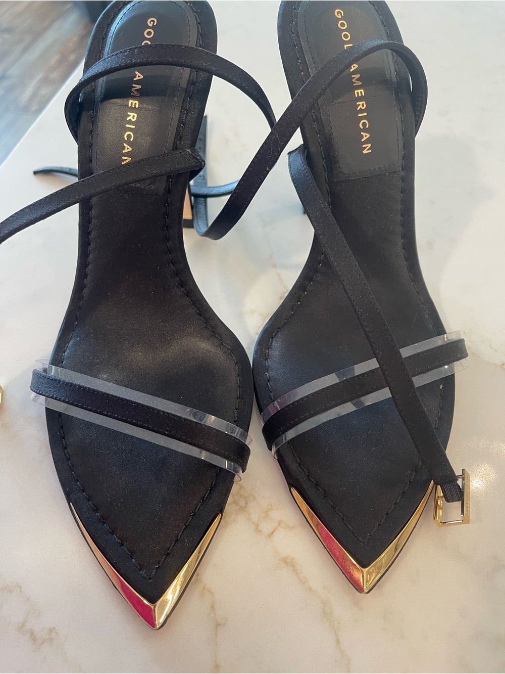 Good American Black Pointed Toe Ankle-Tie Sandals with Gold Cap